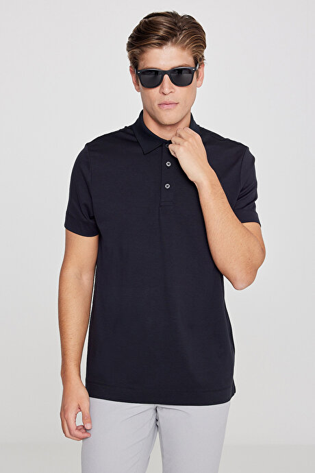 Standart Fit Normal Kesim Polo Yaka Esnek Siyah Tişört resmi