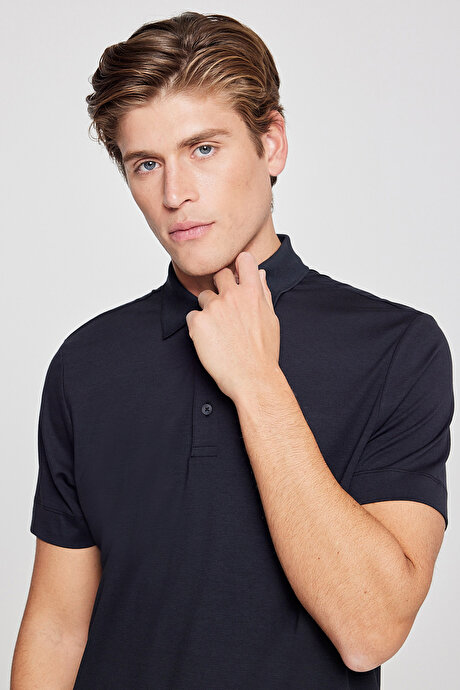 Standart Fit Normal Kesim Polo Yaka Esnek Siyah Tişört resmi