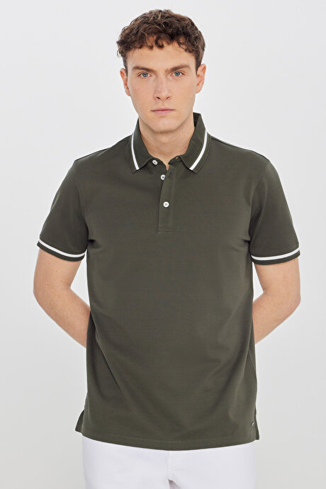 %100 Pamuk Standart Fit Normal Kesim Polo Yaka Haki Tişört resmi