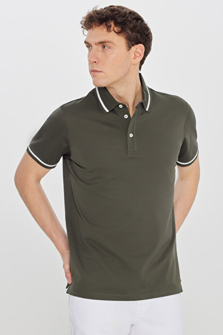 %100 Pamuk Standart Fit Normal Kesim Polo Yaka Haki Tişört resmi