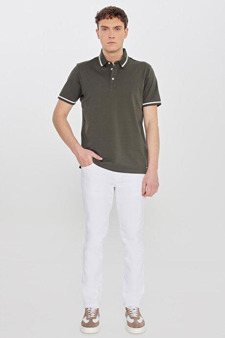 %100 Pamuk Standart Fit Normal Kesim Polo Yaka Haki Tişört resmi