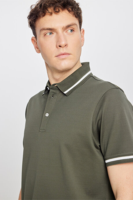 %100 Pamuk Standart Fit Normal Kesim Polo Yaka Haki Tişört resmi