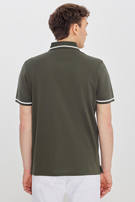 %100 Pamuk Standart Fit Normal Kesim Polo Yaka Haki Tişört resmi