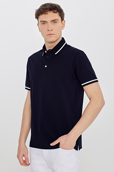 %100 Pamuk Standart Fit Normal Kesim Polo Yaka Lacivert Tişört resmi