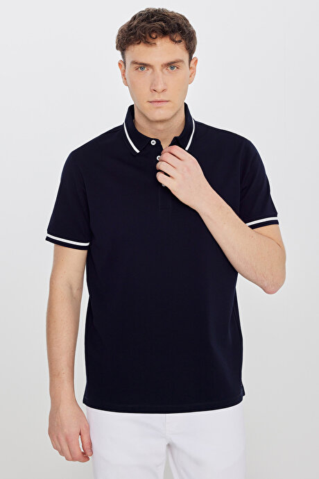 %100 Pamuk Standart Fit Normal Kesim Polo Yaka Lacivert Tişört resmi