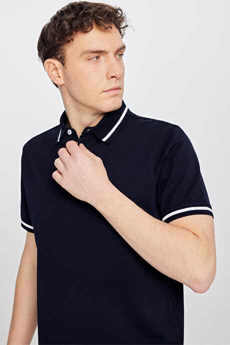 %100 Pamuk Standart Fit Normal Kesim Polo Yaka Lacivert Tişört resmi