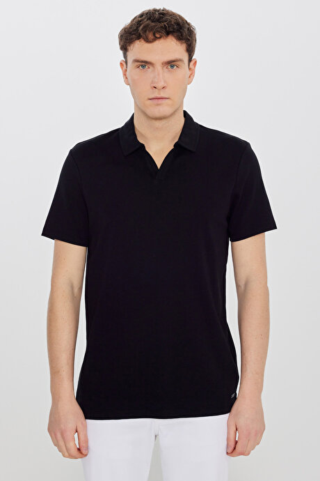%100 Pamuk Slim Fit Dar Kesim Polo Yaka Siyah Tişört resmi