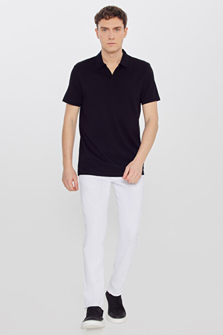 %100 Pamuk Slim Fit Dar Kesim Polo Yaka Siyah Tişört resmi