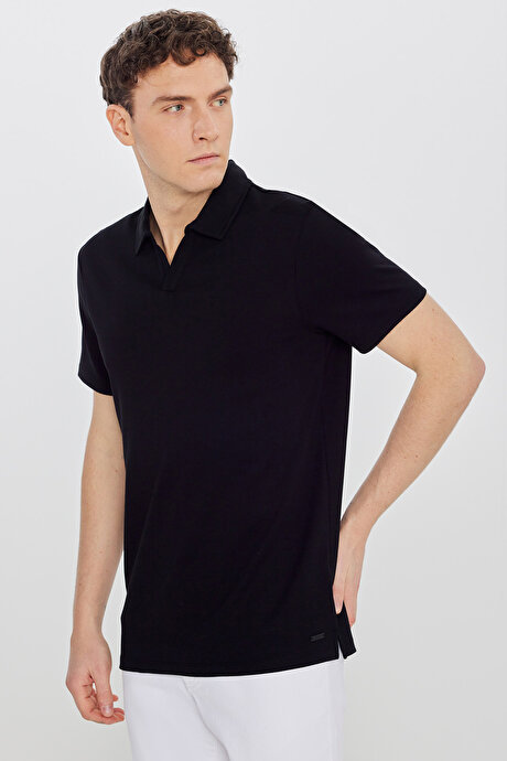 %100 Pamuk Slim Fit Dar Kesim Polo Yaka Siyah Tişört resmi