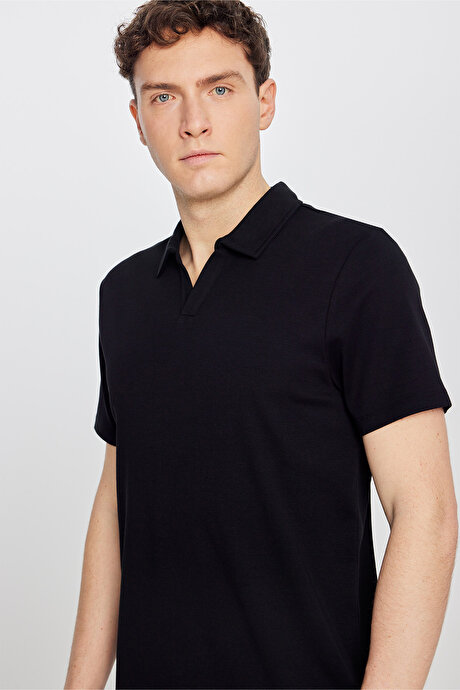 %100 Pamuk Slim Fit Dar Kesim Polo Yaka Siyah Tişört resmi