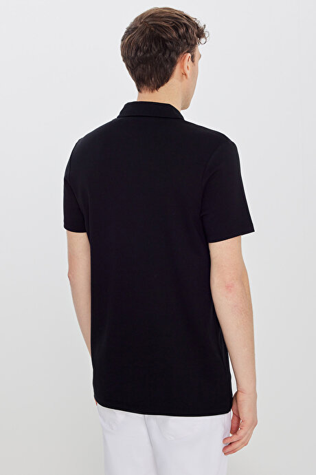 %100 Pamuk Slim Fit Dar Kesim Polo Yaka Siyah Tişört resmi