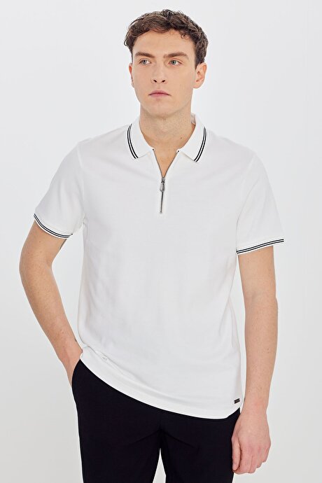 %100 Pamuk Slim Fit Dar Kesim Polo Yaka Ekru Tişört resmi