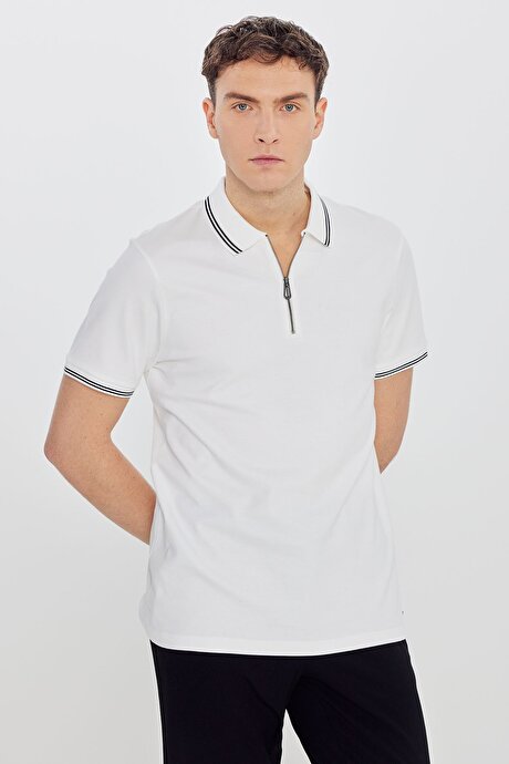 %100 Pamuk Slim Fit Dar Kesim Polo Yaka Ekru Tişört resmi