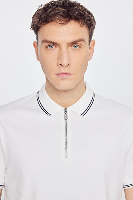 %100 Pamuk Slim Fit Dar Kesim Polo Yaka Ekru Tişört resmi