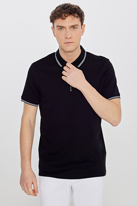 %100 Pamuk Slim Fit Dar Kesim Polo Yaka Siyah Tişört resmi