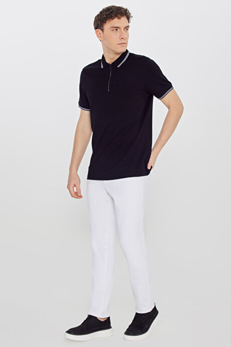 %100 Pamuk Slim Fit Dar Kesim Polo Yaka Siyah Tişört resmi