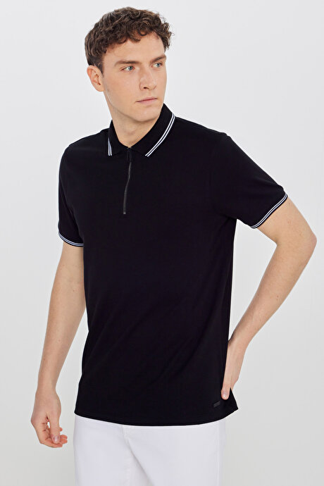 %100 Pamuk Slim Fit Dar Kesim Polo Yaka Siyah Tişört resmi