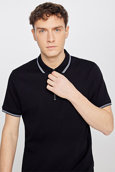 %100 Pamuk Slim Fit Dar Kesim Polo Yaka Siyah Tişört resmi