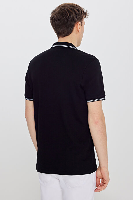 %100 Pamuk Slim Fit Dar Kesim Polo Yaka Siyah Tişört resmi