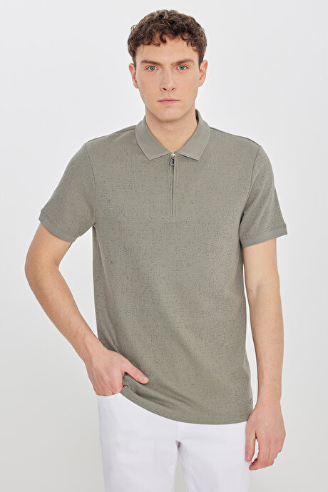 Pamuklu Slim Fit Dar Kesim Polo Yaka Jakarlı Esnek Haki Tişört resmi