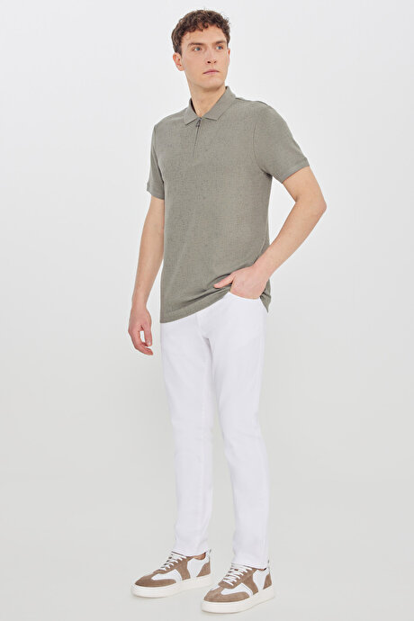 Pamuklu Slim Fit Dar Kesim Polo Yaka Jakarlı Esnek Haki Tişört resmi