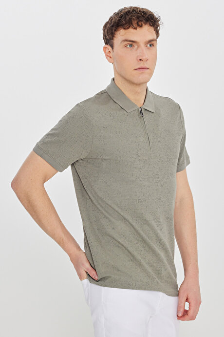 Pamuklu Slim Fit Dar Kesim Polo Yaka Jakarlı Esnek Haki Tişört resmi