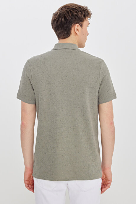 Pamuklu Slim Fit Dar Kesim Polo Yaka Jakarlı Esnek Haki Tişört resmi