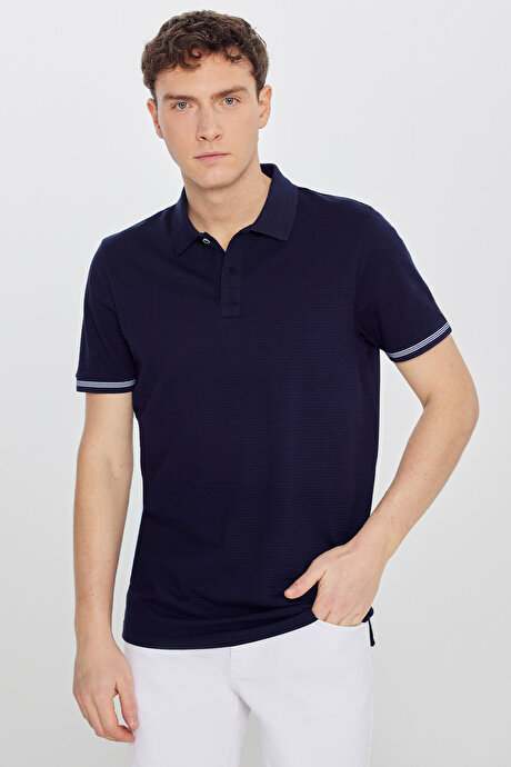 %100 Pamuk Standart Fit Normal Kesim Polo Yaka Jakarlı Lacivert Tişört resmi