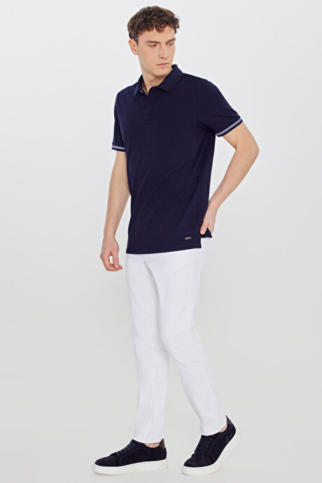 %100 Pamuk Standart Fit Normal Kesim Polo Yaka Jakarlı Lacivert Tişört resmi