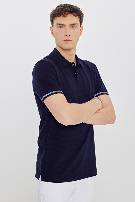 %100 Pamuk Standart Fit Normal Kesim Polo Yaka Jakarlı Lacivert Tişört resmi