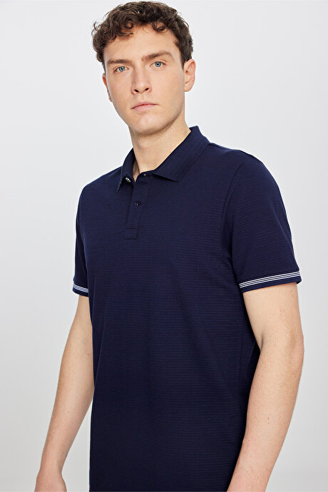 %100 Pamuk Standart Fit Normal Kesim Polo Yaka Jakarlı Lacivert Tişört resmi