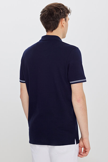 %100 Pamuk Standart Fit Normal Kesim Polo Yaka Jakarlı Lacivert Tişört resmi