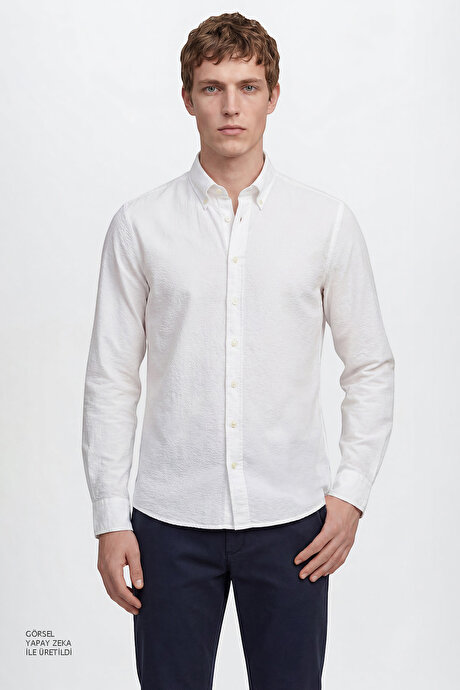 %100 Pamuk Slim Fit Dar Kesim Düğmeli Yaka Gofre Desenli Beyaz Gömlek resmi