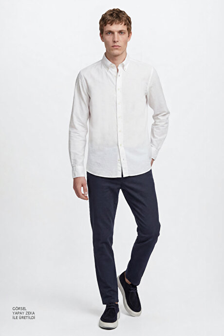 %100 Pamuk Slim Fit Dar Kesim Düğmeli Yaka Gofre Desenli Beyaz Gömlek resmi