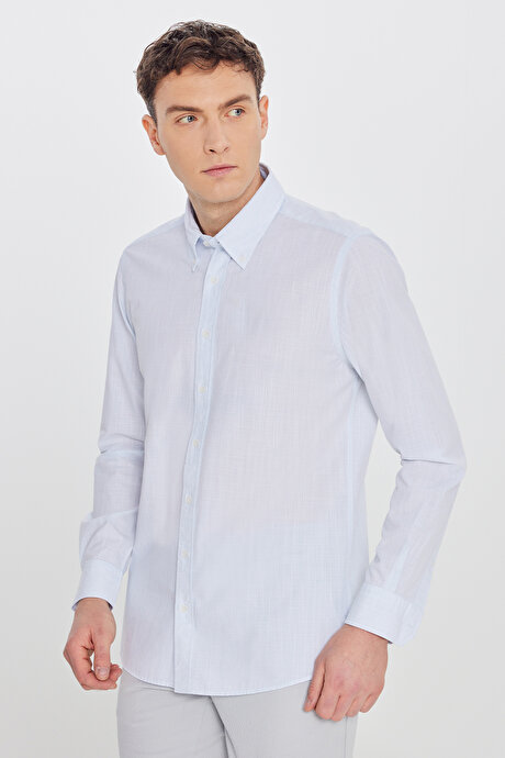 %100 Pamuk Slim Fit Dar Kesim Düğmeli Yaka Armürlü Flamlı Mavi Gömlek resmi