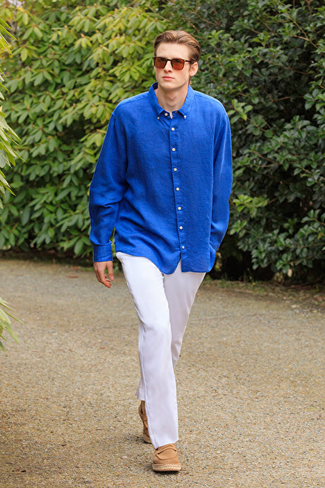 %100 Keten Comfort Fit Rahat Kesim Düğmeli Yaka İndigo Gömlek resmi