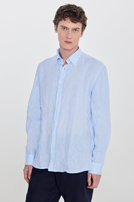 %100 Keten Comfort Fit Rahat Kesim Düğmeli Yaka Mavi Gömlek resmi