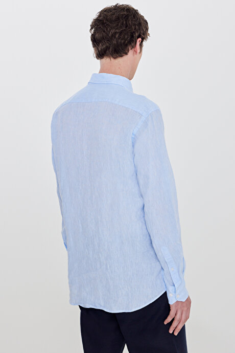 %100 Keten Comfort Fit Rahat Kesim Düğmeli Yaka Mavi Gömlek resmi