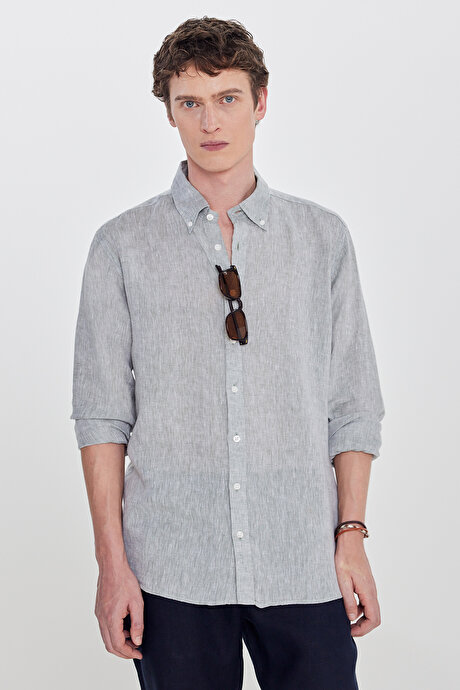 %100 Keten Comfort Fit Rahat Kesim Düğmeli Yaka Yeşil Gömlek resmi