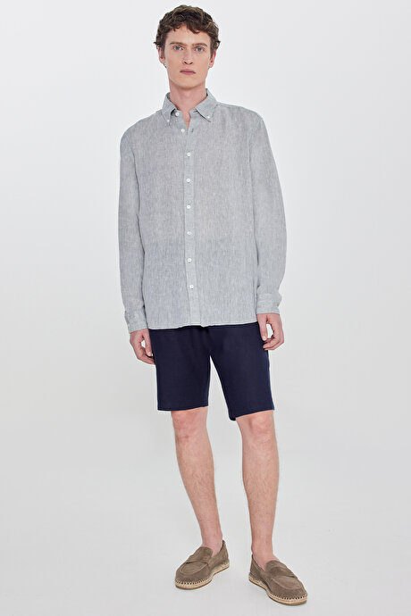 %100 Keten Comfort Fit Rahat Kesim Düğmeli Yaka Yeşil Gömlek resmi