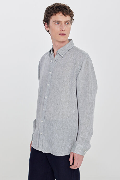 %100 Keten Comfort Fit Rahat Kesim Düğmeli Yaka Yeşil Gömlek resmi