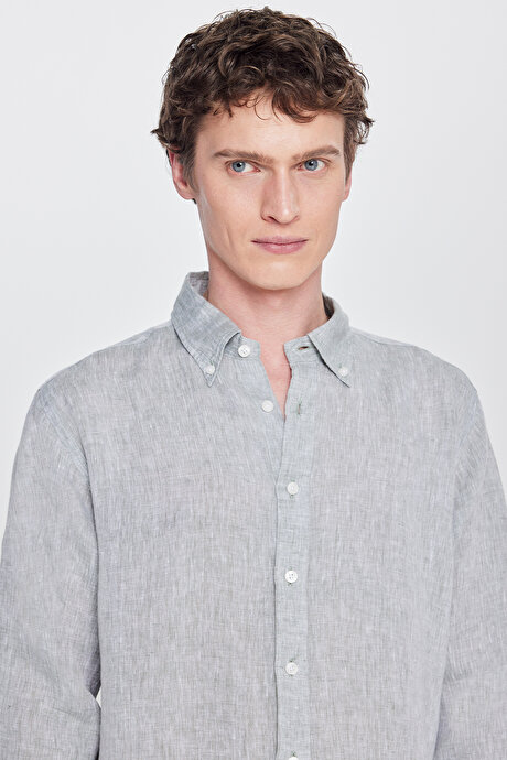 %100 Keten Comfort Fit Rahat Kesim Düğmeli Yaka Yeşil Gömlek resmi