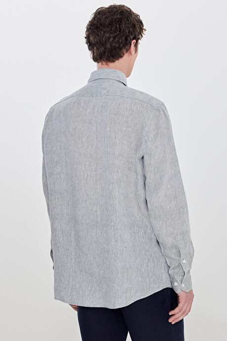 %100 Keten Comfort Fit Rahat Kesim Düğmeli Yaka Yeşil Gömlek resmi