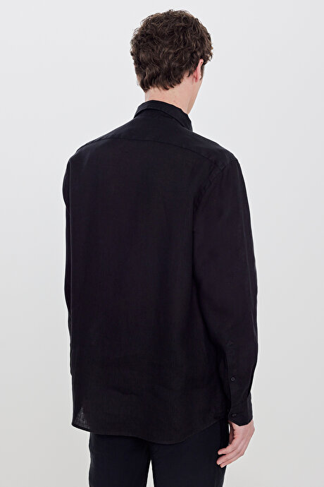%100 Keten Comfort Fit Rahat Kesim Düğmeli Yaka Siyah Gömlek resmi