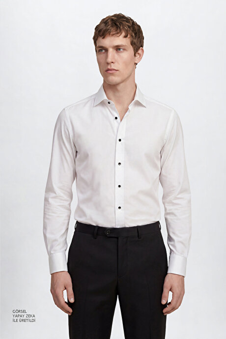 Pamuklu Slim Fit Dar Kesim Ata Yaka Esnek Beyaz Gömlek resmi