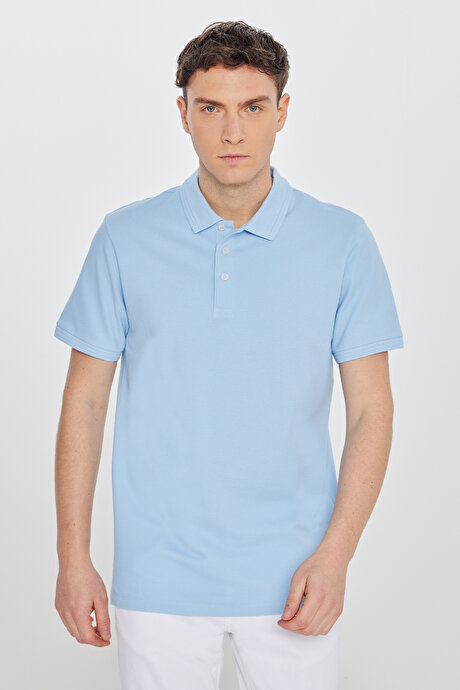 %100 Pamuk Slim Fit Dar Kesim Polo Yaka Açık Mavi Tişört resmi