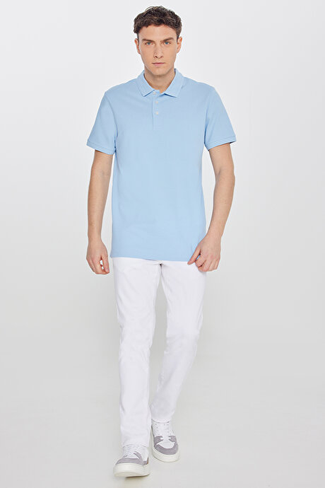 %100 Pamuk Slim Fit Dar Kesim Polo Yaka Açık Mavi Tişört resmi