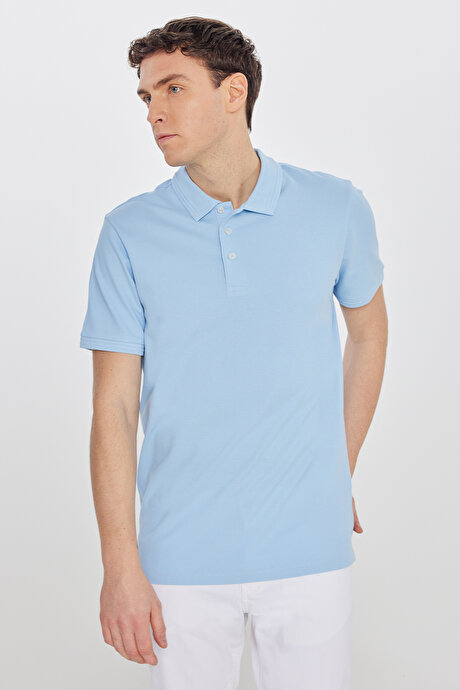 %100 Pamuk Slim Fit Dar Kesim Polo Yaka Açık Mavi Tişört resmi