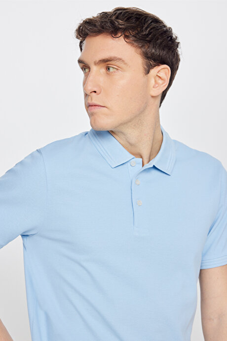 %100 Pamuk Slim Fit Dar Kesim Polo Yaka Açık Mavi Tişört resmi
