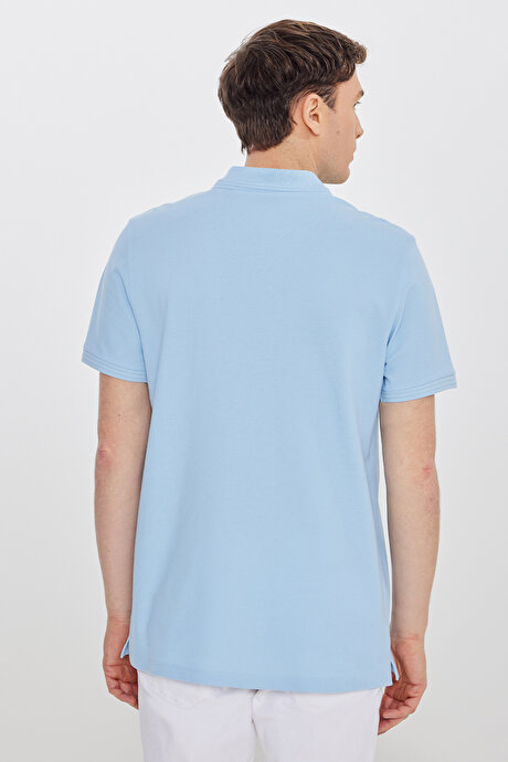 %100 Pamuk Slim Fit Dar Kesim Polo Yaka Açık Mavi Tişört resmi